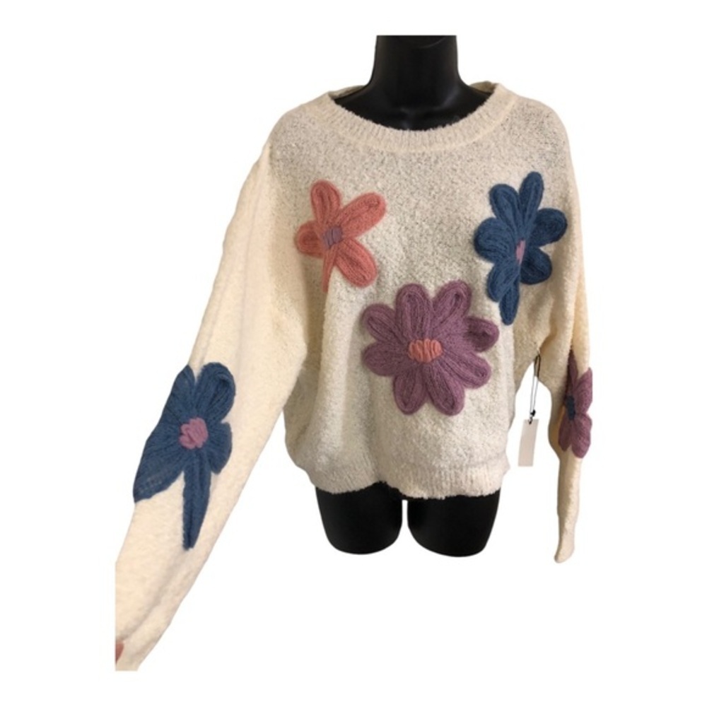 Cream oversized crochet embroidered flower long‎ sleeve sweater size large new